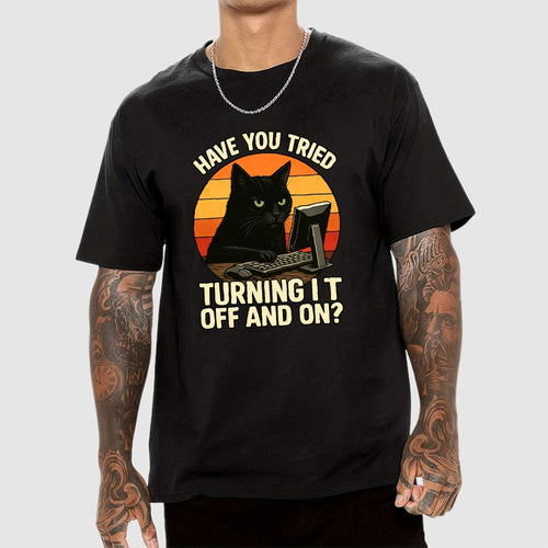 Black Cat Tech Support Funny Retro IT  T-Shirt