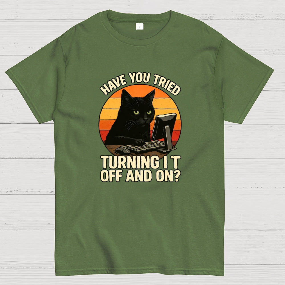 Black Cat Tech Support Funny Retro IT  T-Shirt