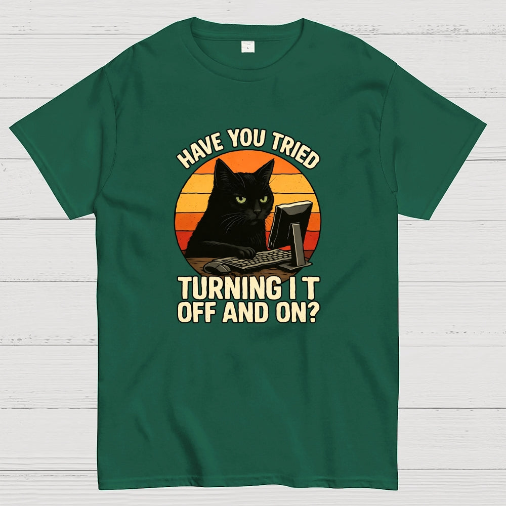 Black Cat Tech Support Funny Retro IT  T-Shirt