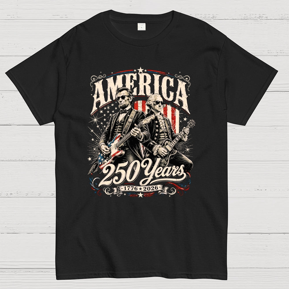 250 Years America Anniversary George Washington & Lincoln Playing Guitar Funny 4th of July  T-Shirt