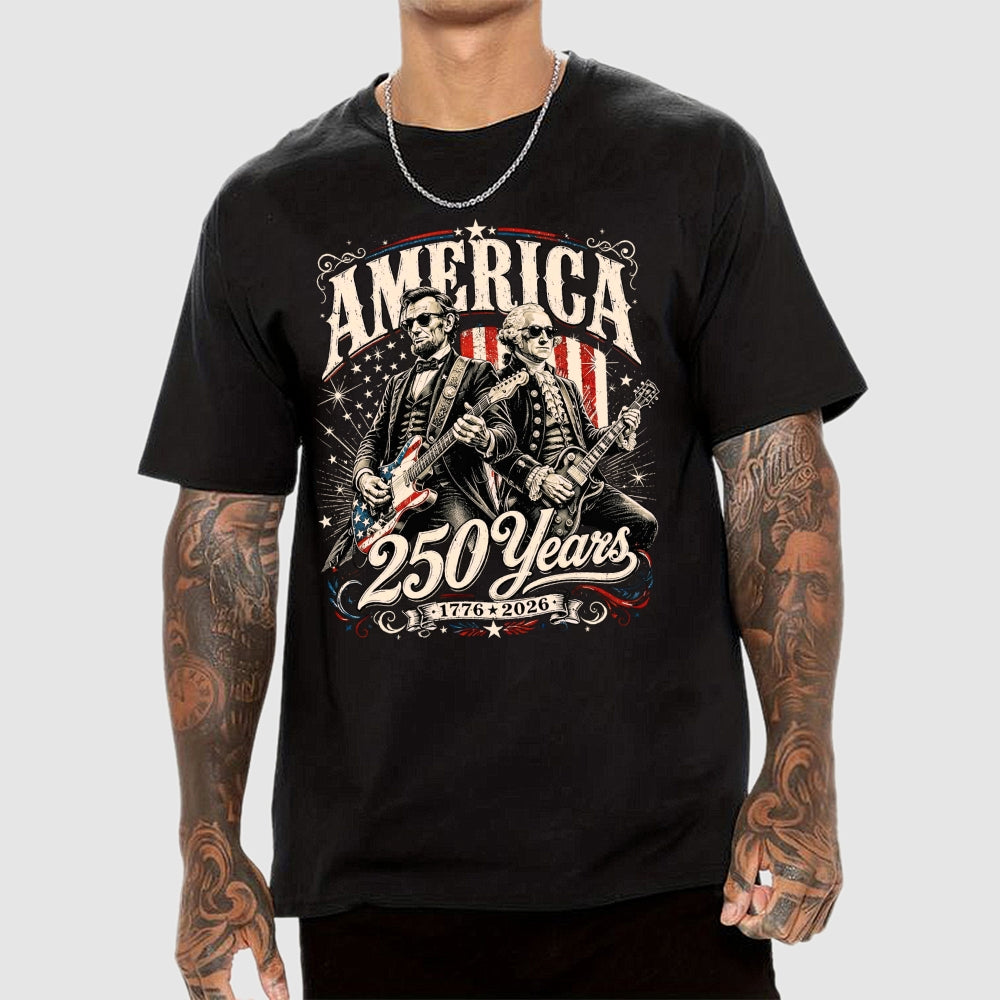 250 Years America Anniversary George Washington & Lincoln Playing Guitar Funny 4th of July  T-Shirt
