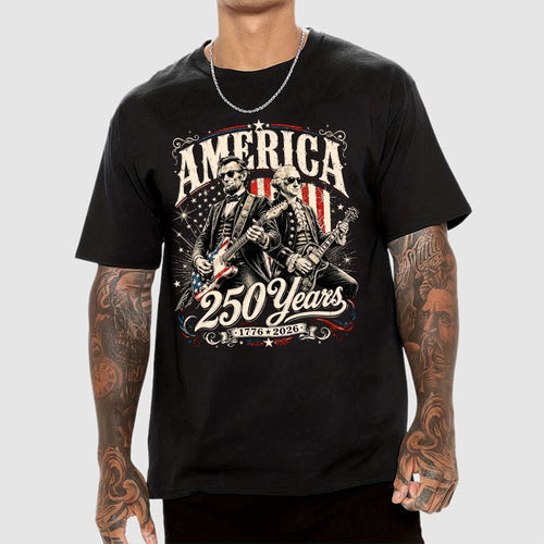 250 Years America Anniversary George Washington & Lincoln Playing Guitar Funny 4th of July  T-Shirt