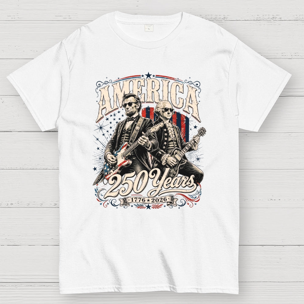 250 Years America Anniversary George Washington & Lincoln Playing Guitar Funny 4th of July  T-Shirt