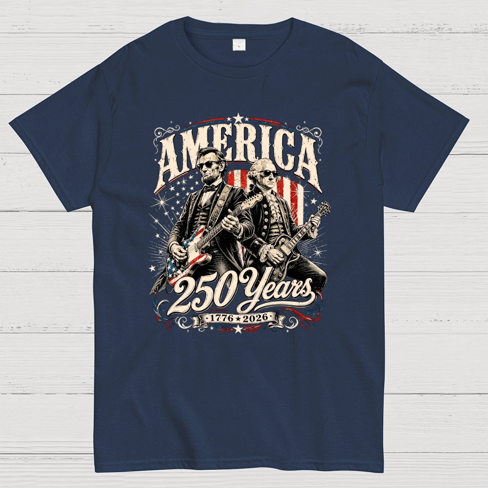 250 Years America Anniversary George Washington & Lincoln Playing Guitar Funny 4th of July  T-Shirt