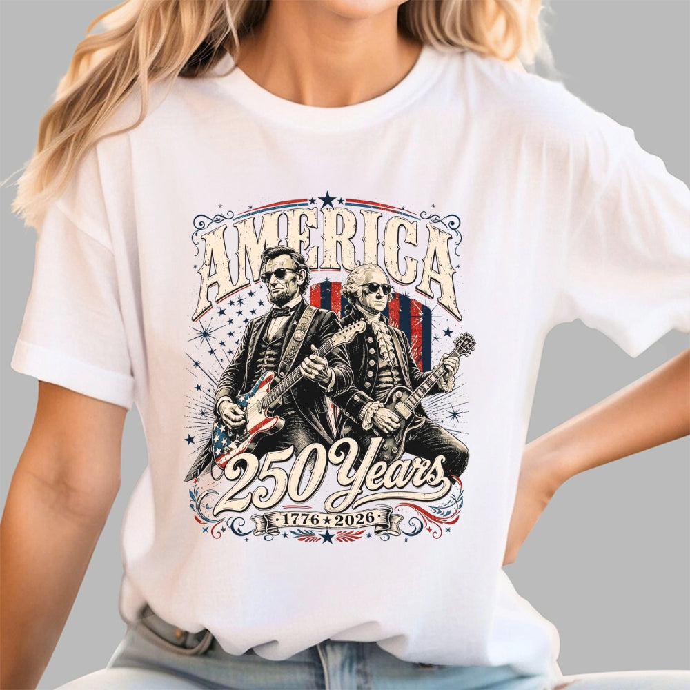 250 Years America Anniversary George Washington & Lincoln Playing Guitar Funny 4th of July  T-Shirt