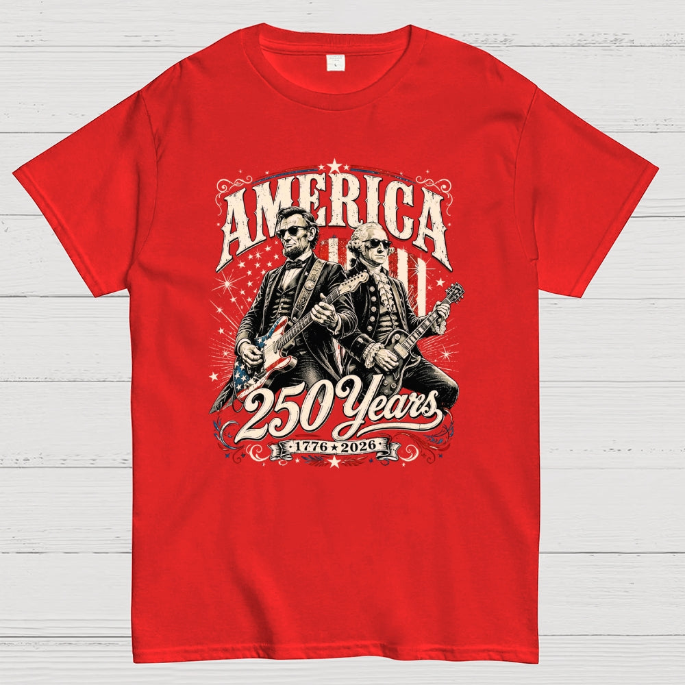 250 Years America Anniversary George Washington & Lincoln Playing Guitar Funny 4th of July  T-Shirt