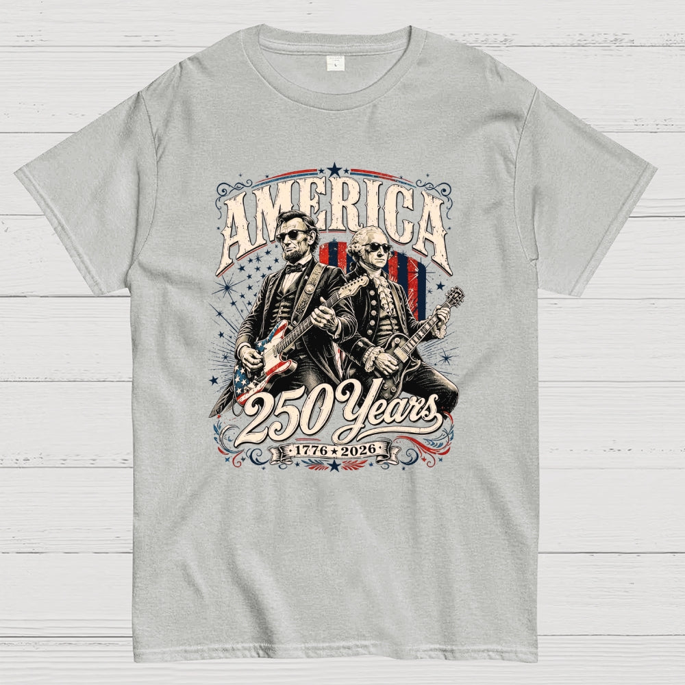 250 Years America Anniversary George Washington & Lincoln Playing Guitar Funny 4th of July  T-Shirt