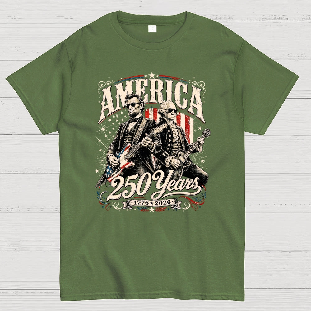 250 Years America Anniversary George Washington & Lincoln Playing Guitar Funny 4th of July  T-Shirt