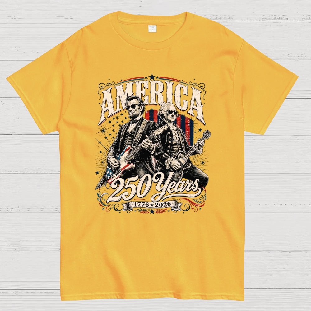 250 Years America Anniversary George Washington & Lincoln Playing Guitar Funny 4th of July  T-Shirt