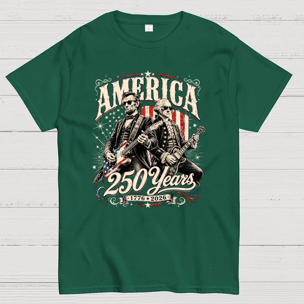 250 Years America Anniversary George Washington & Lincoln Playing Guitar Funny 4th of July  T-Shirt