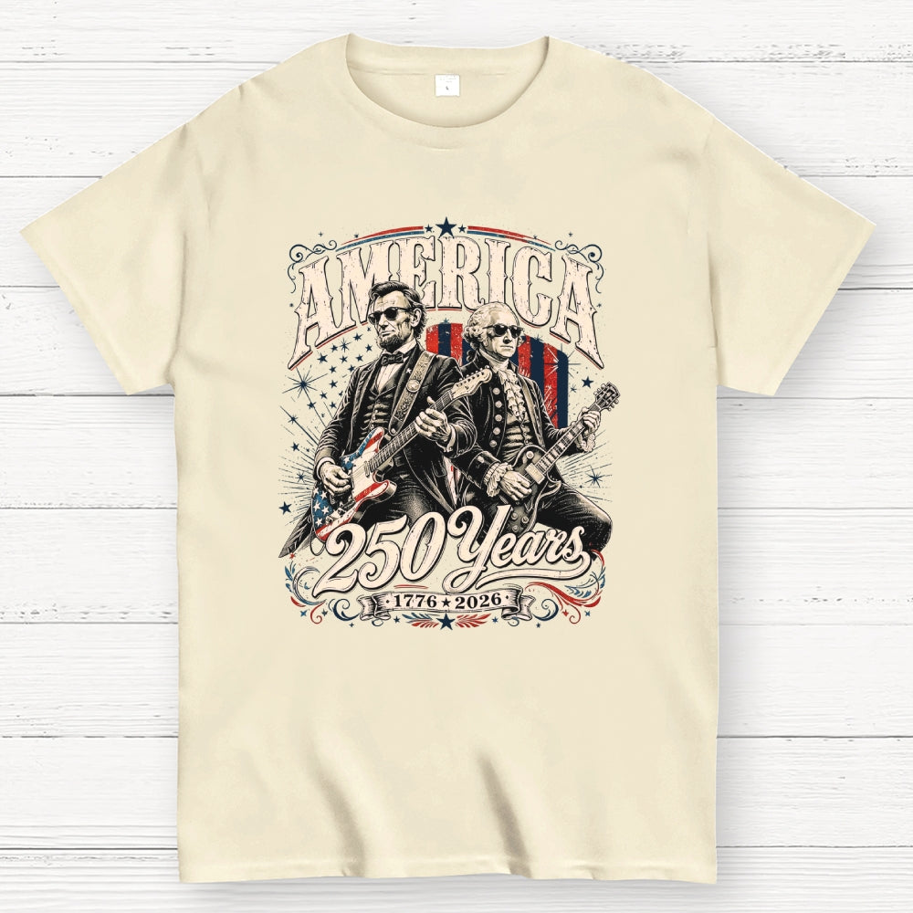 250 Years America Anniversary George Washington & Lincoln Playing Guitar Funny 4th of July  T-Shirt