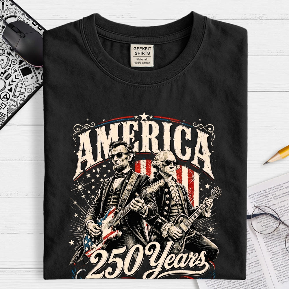 250 Years America Anniversary George Washington & Lincoln Playing Guitar Funny 4th of July  T-Shirt