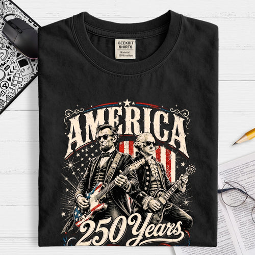 250 Years America Anniversary George Washington & Lincoln Playing Guitar Funny 4th of July  T-Shirt