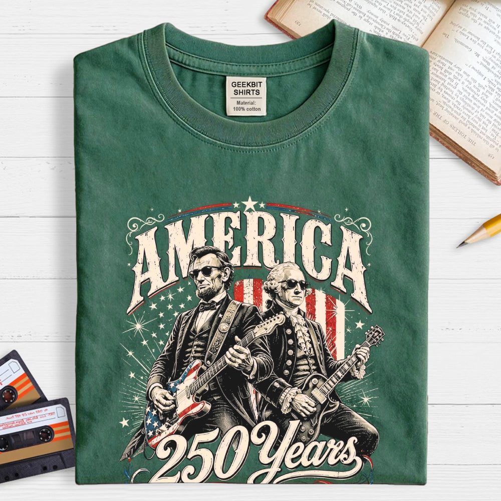250 Years America Anniversary George Washington & Lincoln Playing Guitar Funny 4th of July  T-Shirt