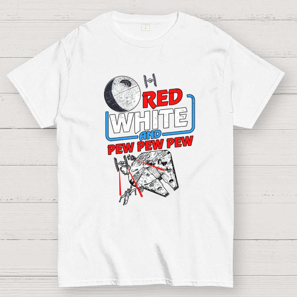 Red White and Pew Pew Pew Funny Space Independence Day  T-Shirt