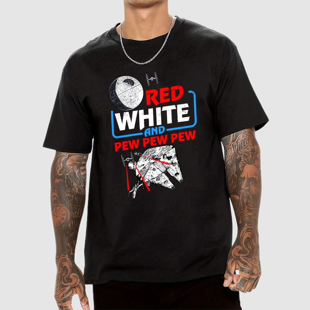 Red White and Pew Pew Pew Funny Space Independence Day  T-Shirt