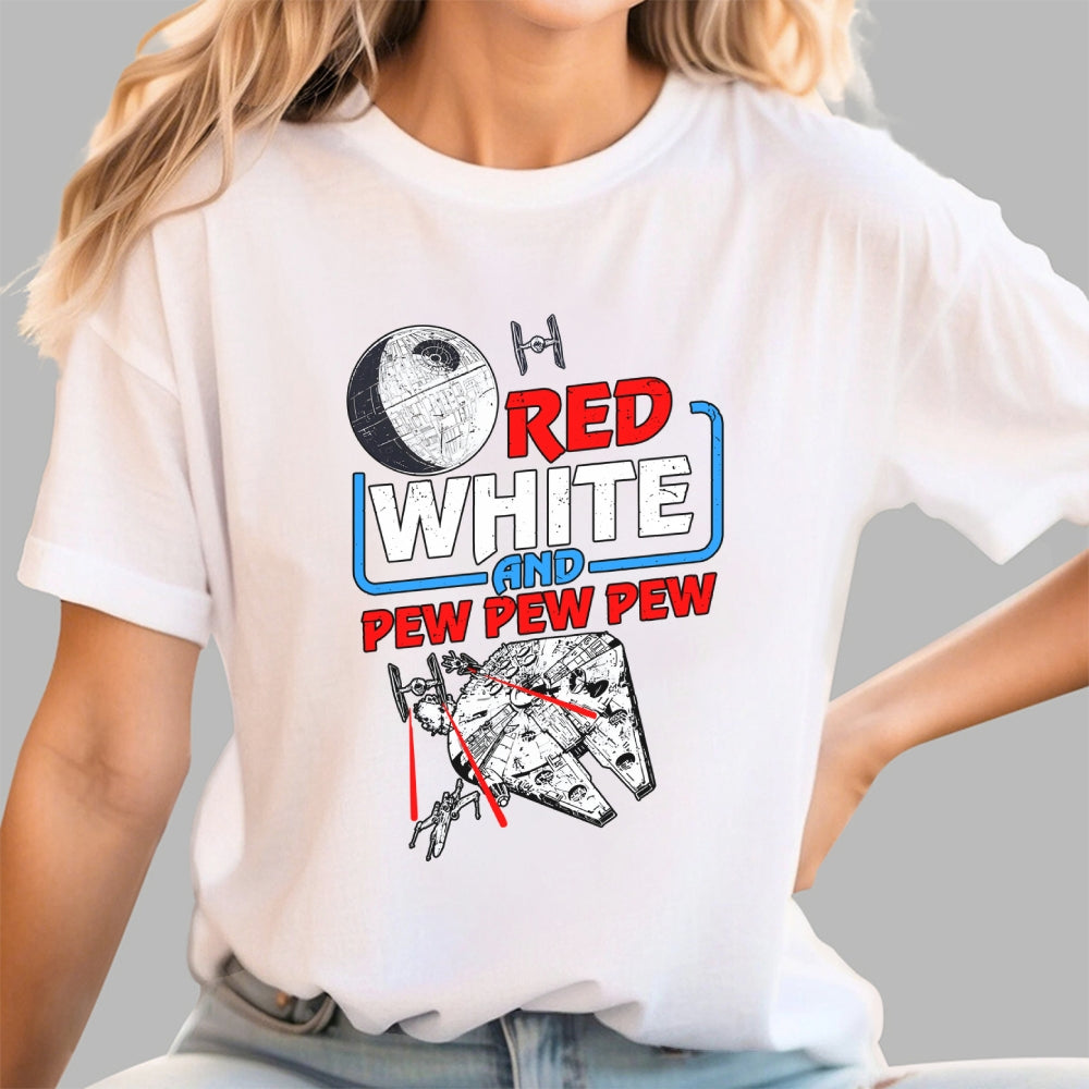 Red White and Pew Pew Pew Funny Space Independence Day  T-Shirt