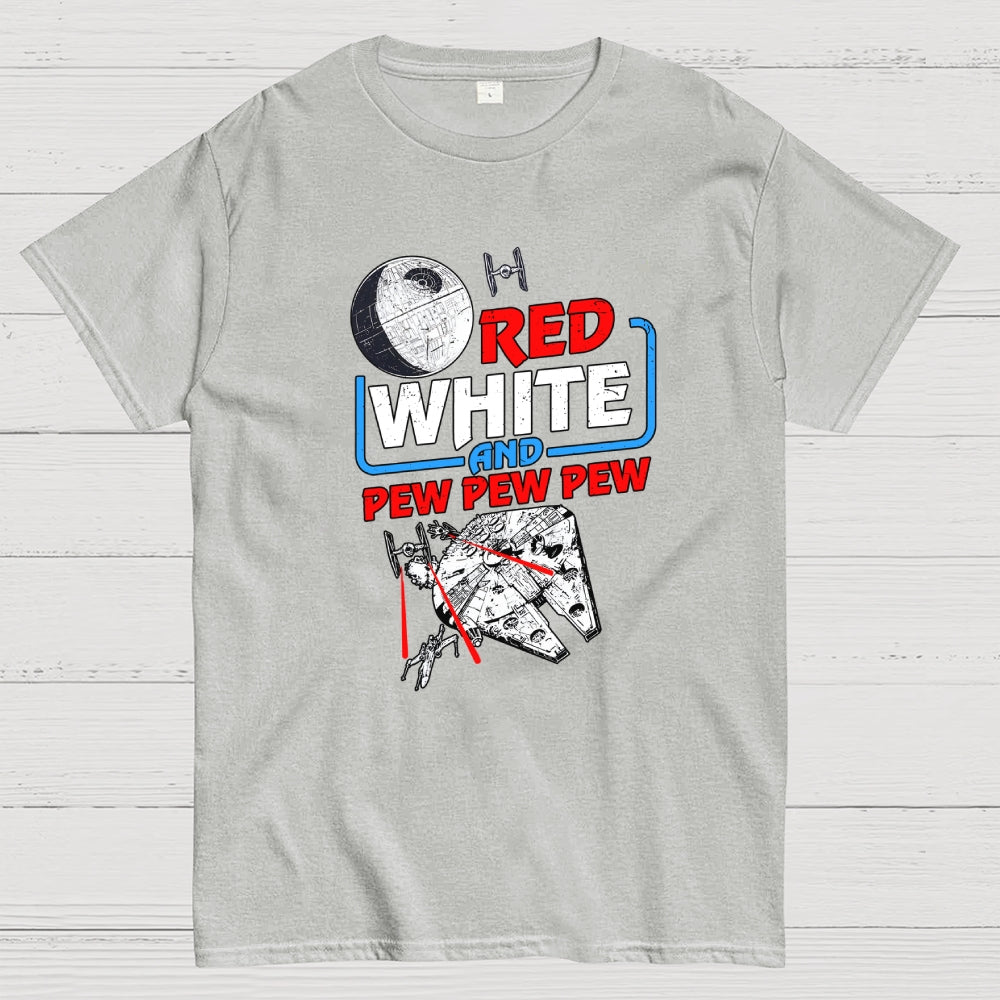 Red White and Pew Pew Pew Funny Space Independence Day  T-Shirt