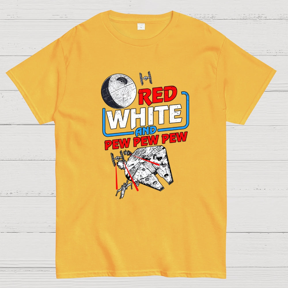 Red White and Pew Pew Pew Funny Space Independence Day  T-Shirt