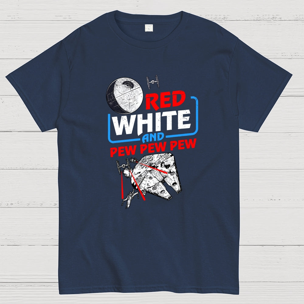 Red White and Pew Pew Pew Funny Space Independence Day  T-Shirt