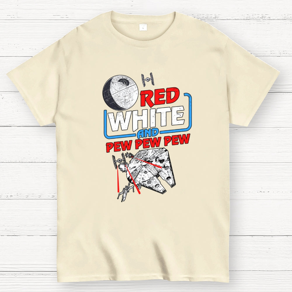 Red White and Pew Pew Pew Funny Space Independence Day  T-Shirt