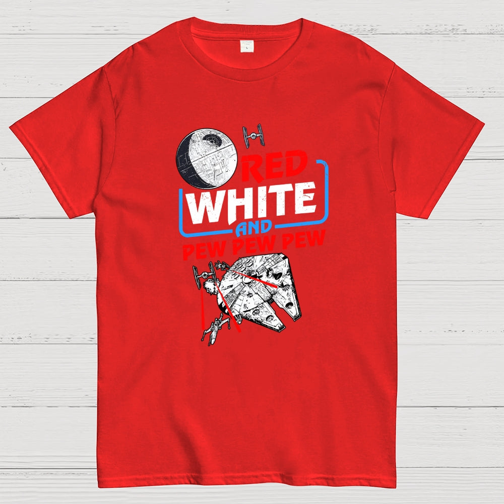Red White and Pew Pew Pew Funny Space Independence Day  T-Shirt