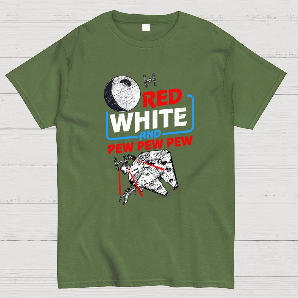 Red White and Pew Pew Pew Funny Space Independence Day  T-Shirt