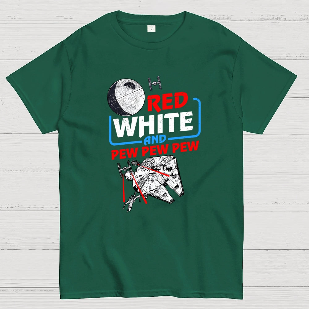 Red White and Pew Pew Pew Funny Space Independence Day  T-Shirt