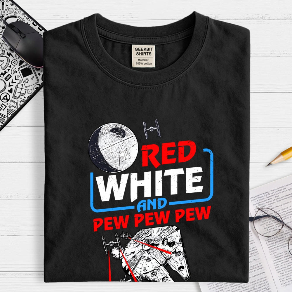 Red White and Pew Pew Pew Funny Space Independence Day  T-Shirt