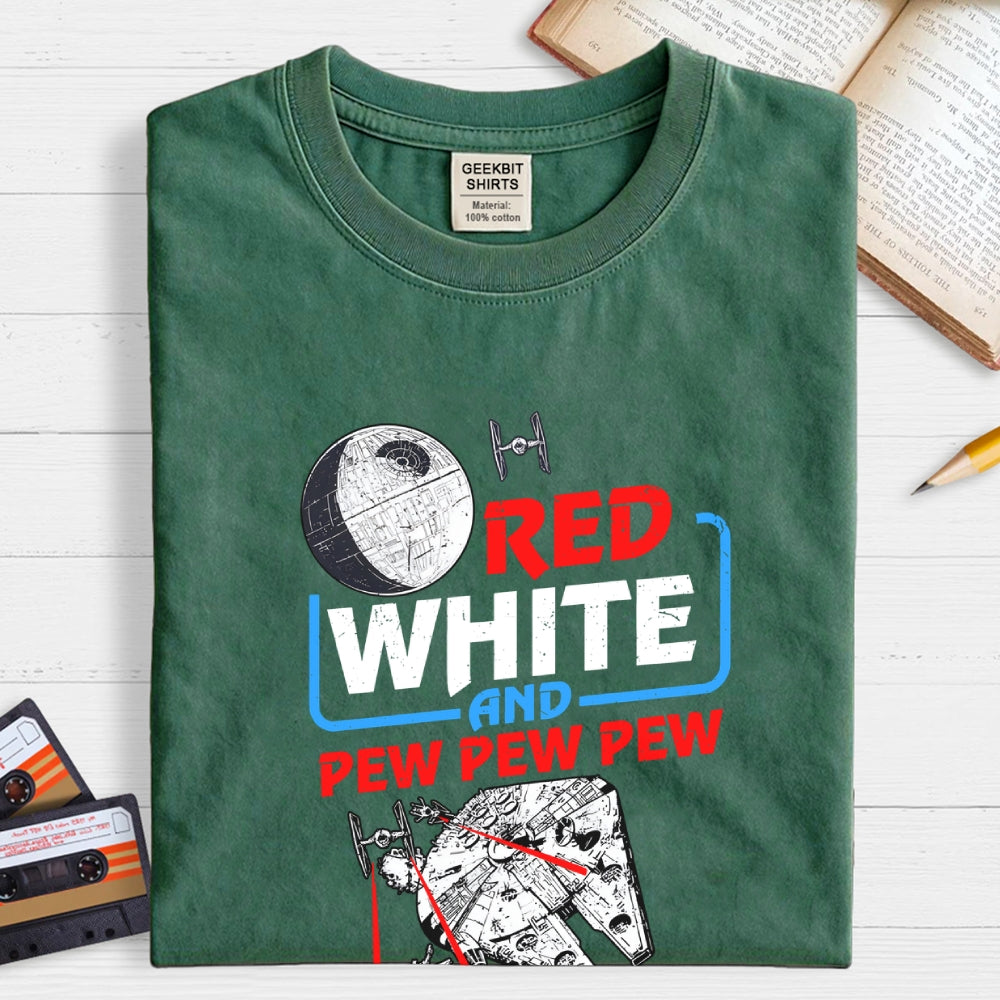 Red White and Pew Pew Pew Funny Space Independence Day  T-Shirt