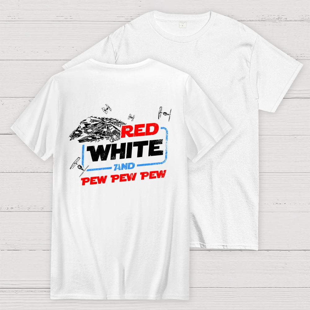 Star Red White and Pew Pew 4th of July Front And Back Printing  T-Shirt