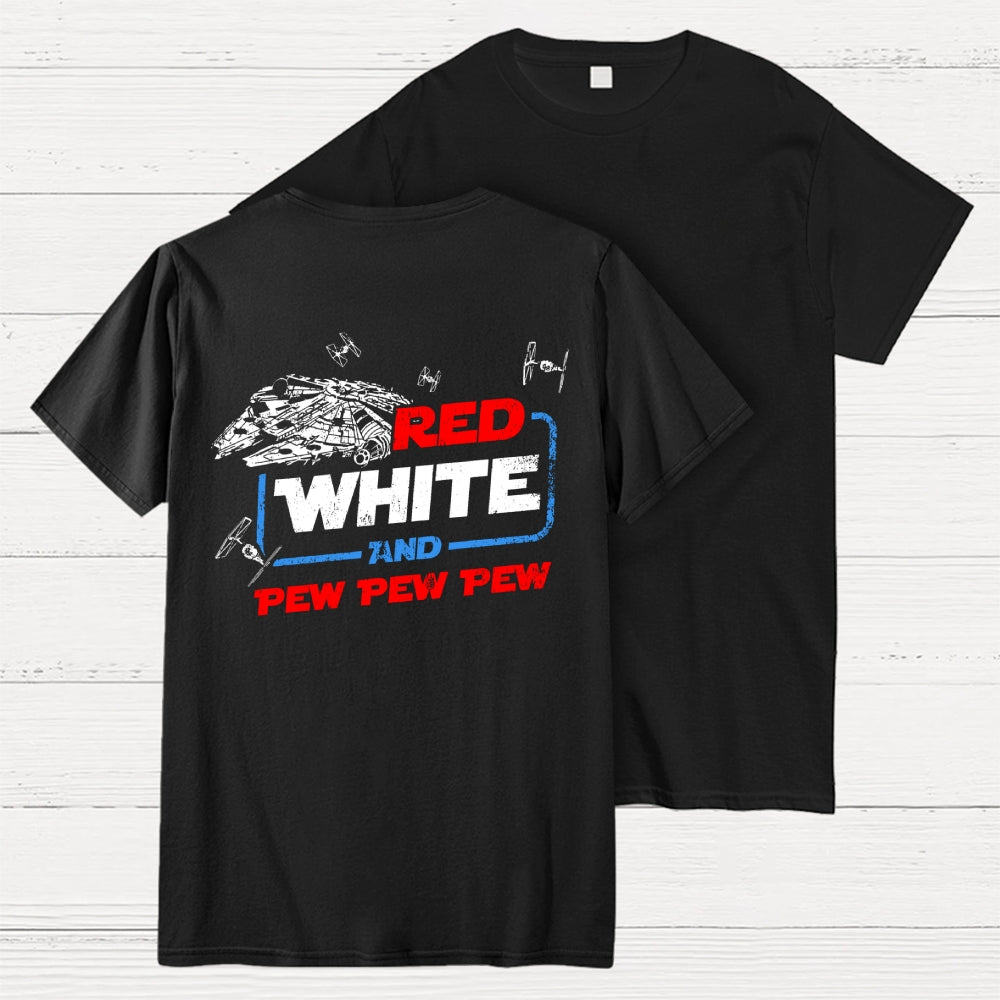 Star Red White and Pew Pew 4th of July Front And Back Printing  T-Shirt