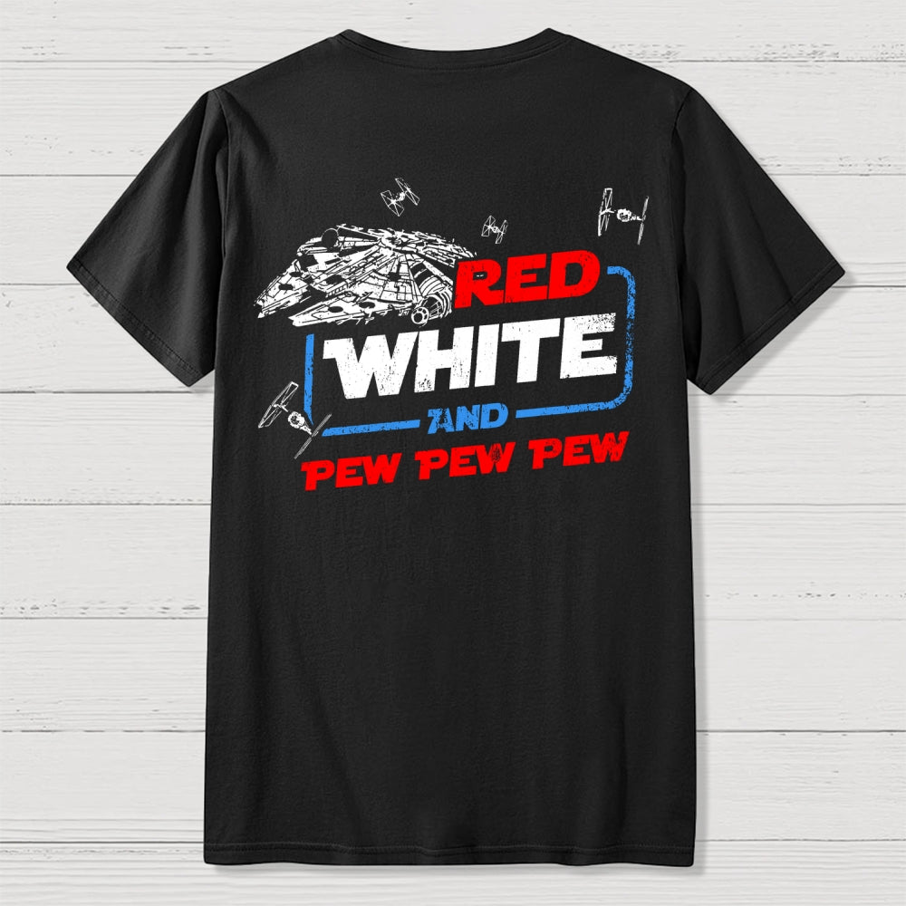 Star Red White and Pew Pew 4th of July Front And Back Printing  T-Shirt