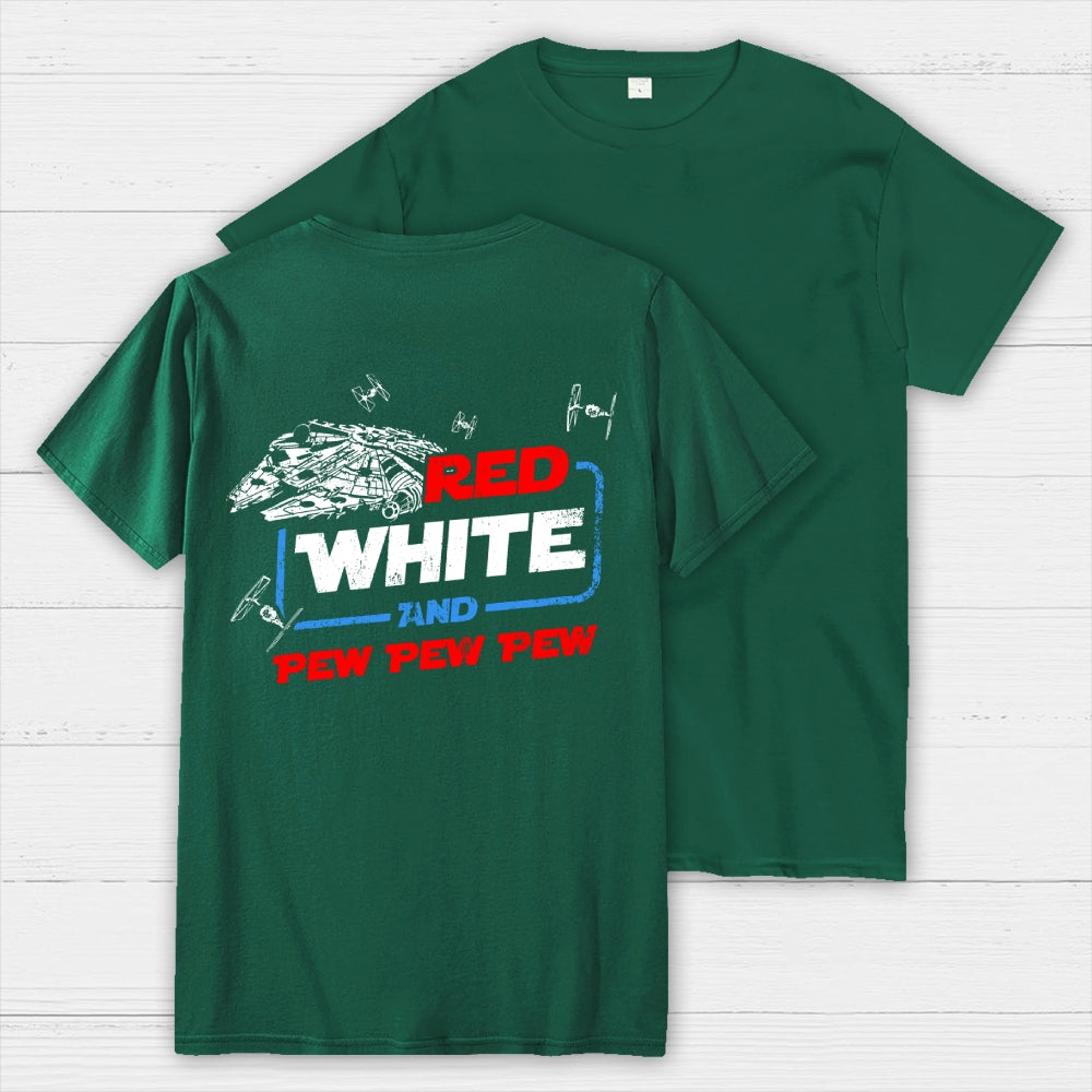 Star Red White and Pew Pew 4th of July Front And Back Printing  T-Shirt