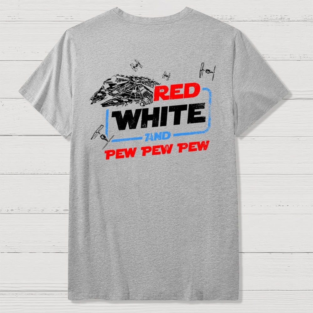 Star Red White and Pew Pew 4th of July Front And Back Printing  T-Shirt