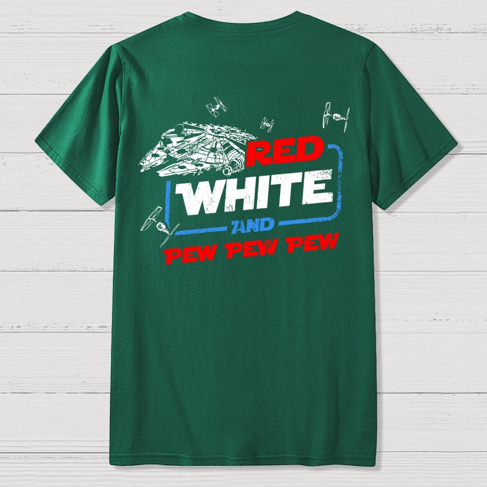 Star Red White and Pew Pew 4th of July Front And Back Printing  T-Shirt