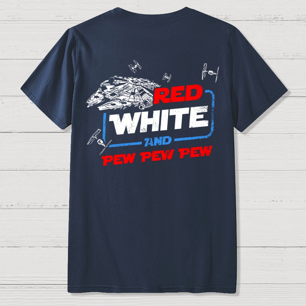 Star Red White and Pew Pew 4th of July Front And Back Printing  T-Shirt
