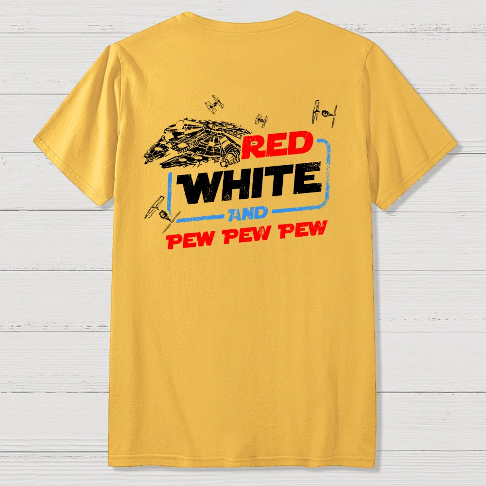 Star Red White and Pew Pew 4th of July Front And Back Printing  T-Shirt