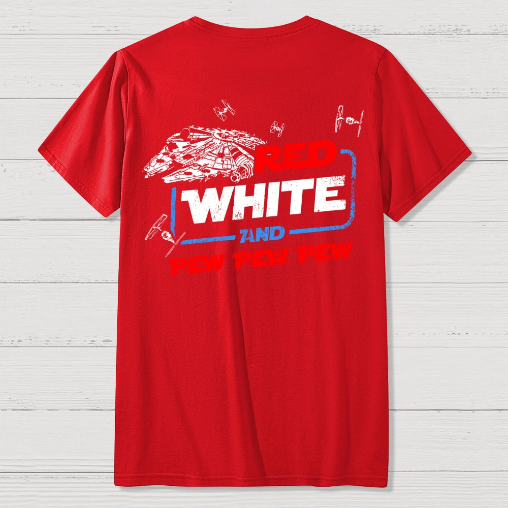 Star Red White and Pew Pew 4th of July Front And Back Printing  T-Shirt