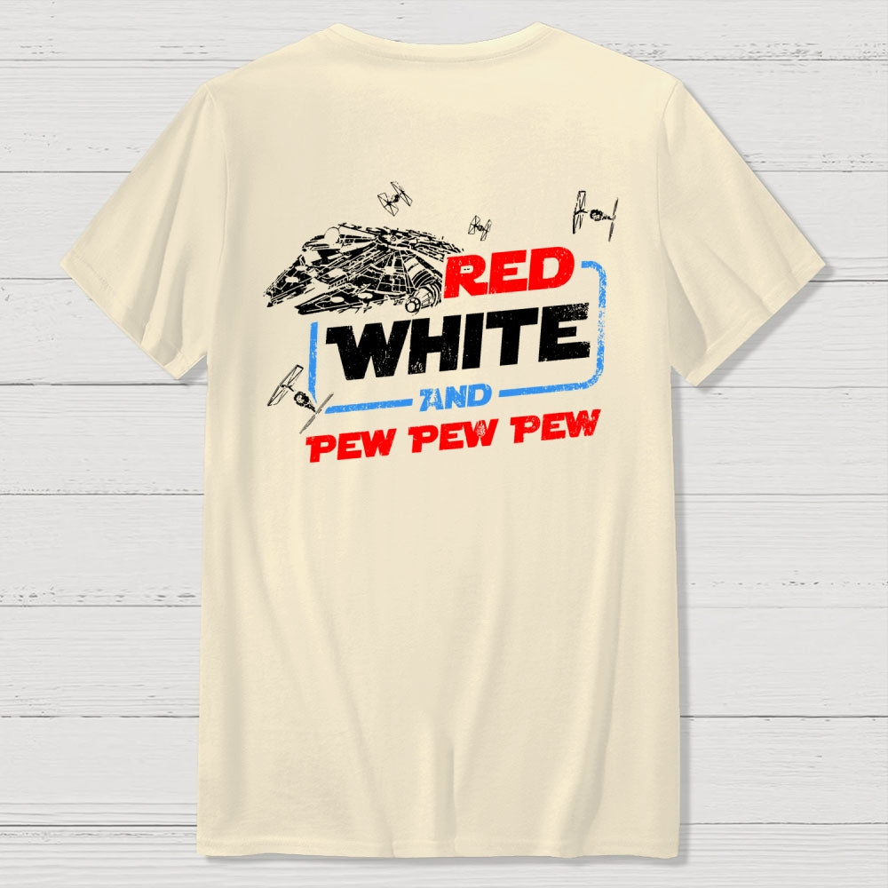Star Red White and Pew Pew 4th of July Front And Back Printing  T-Shirt