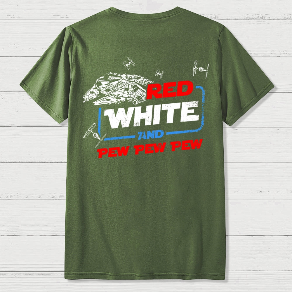 Star Red White and Pew Pew 4th of July Front And Back Printing  T-Shirt