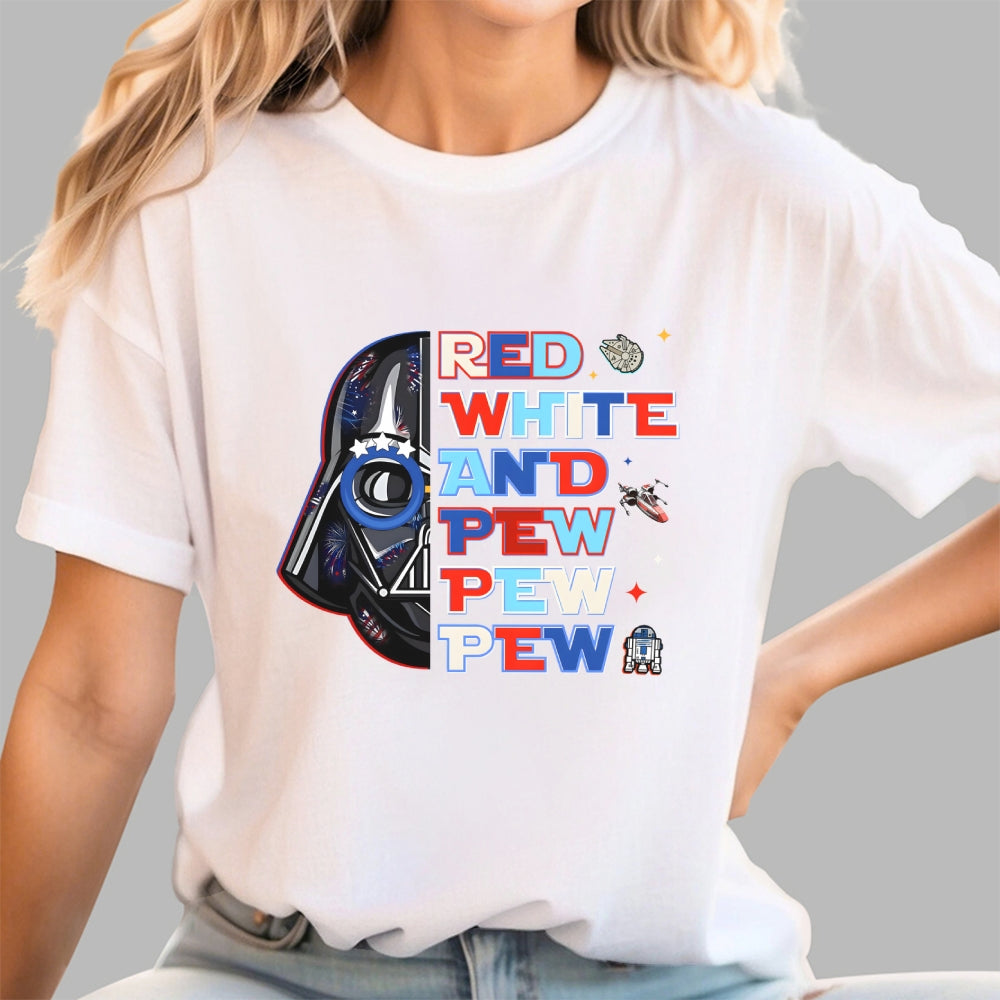 Star Movie 4th Of July Patriotic Red White Pew Pew Pew Millennium Falcon  T-Shirt