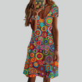 Retro Women Dresses Ethnic Floral Print Midi Dress Plus Size Short Sleeve V-Neck