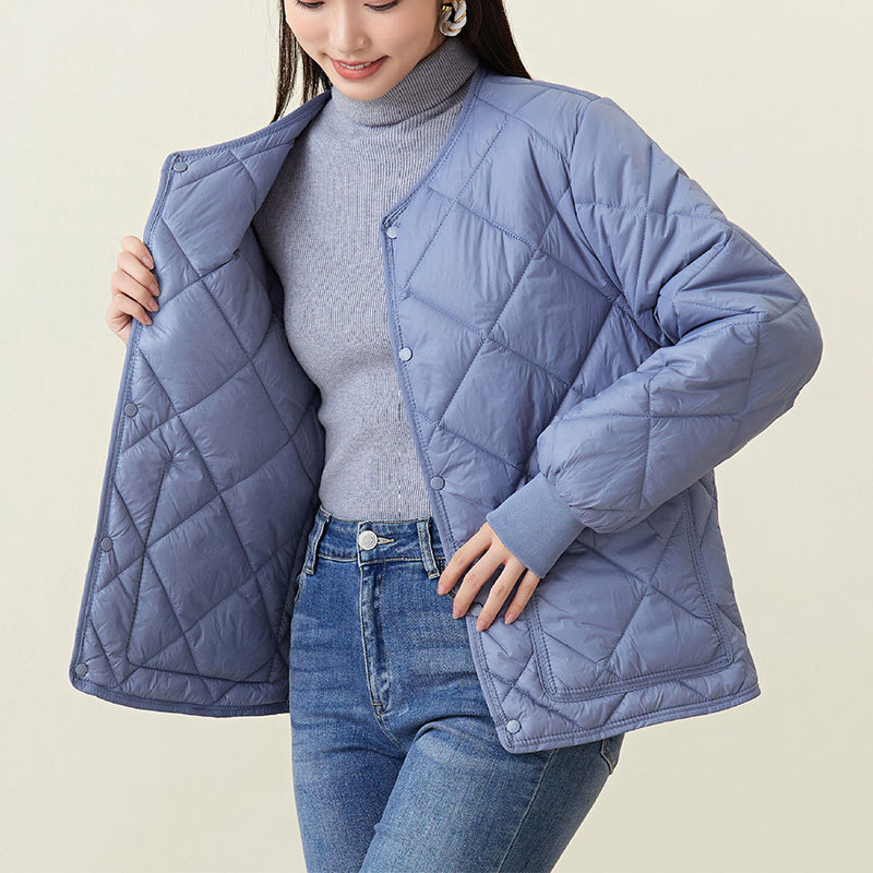 Lightweight Women's Quilted Coat - Relaxed Round Neck Nylon