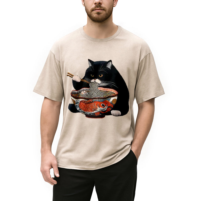 bbb Fat Cat Eating Ramen Washed T-Shirt