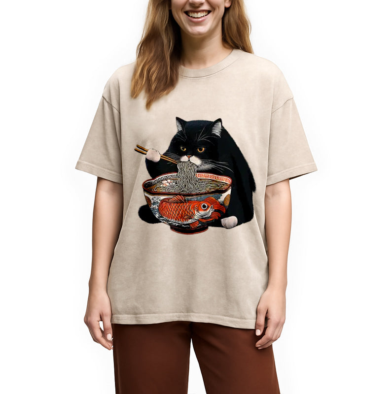 bbb Fat Cat Eating Ramen Washed T-Shirt