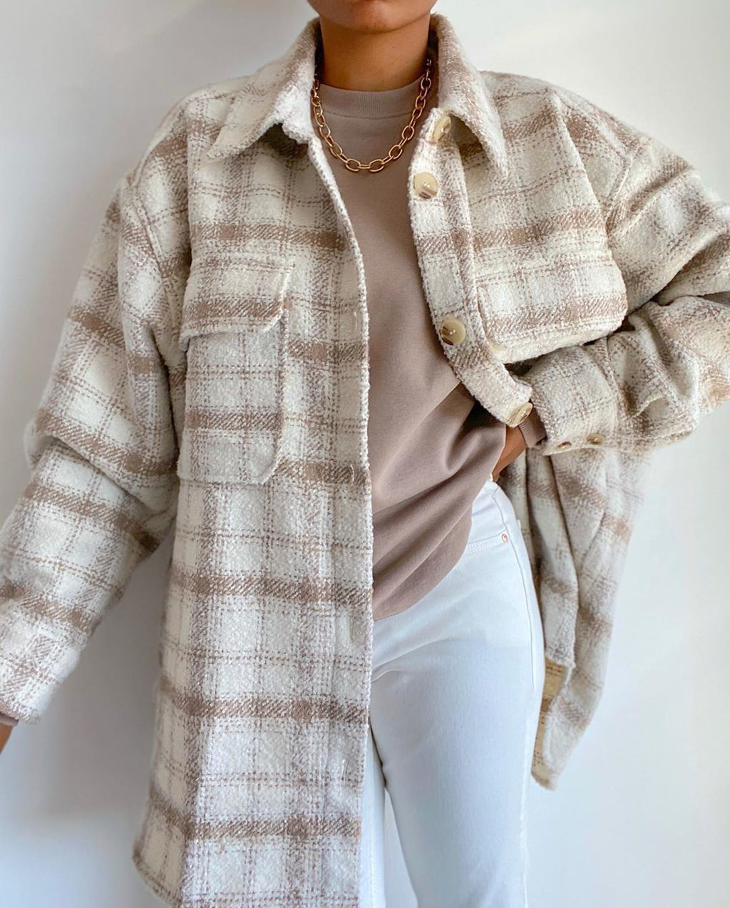 Oversized Womens Long Coat - Shirt Style, Tweed, For City