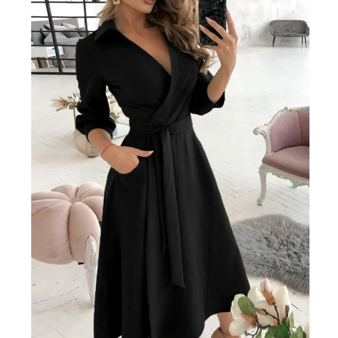 Elegant Midi Dress for Women with Deep V-Neck, Flattering Fit, and Versatile Style for Any Occasion