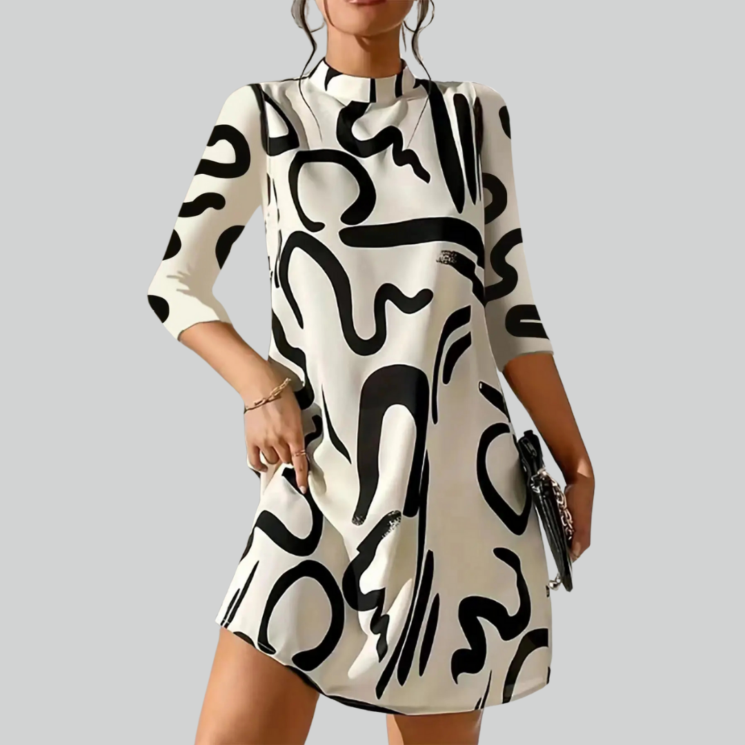 Fashion Long Sleeve Print Mini Dress for Women Autumn Casual Office Wear Robe Femme
