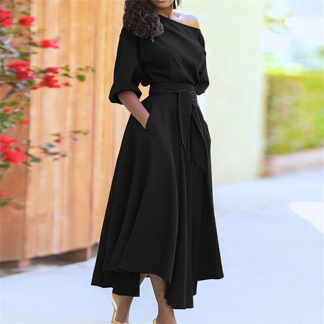 Elegant Midi Dress with Elbow-Length Sleeves and Adjustable Waist for Women